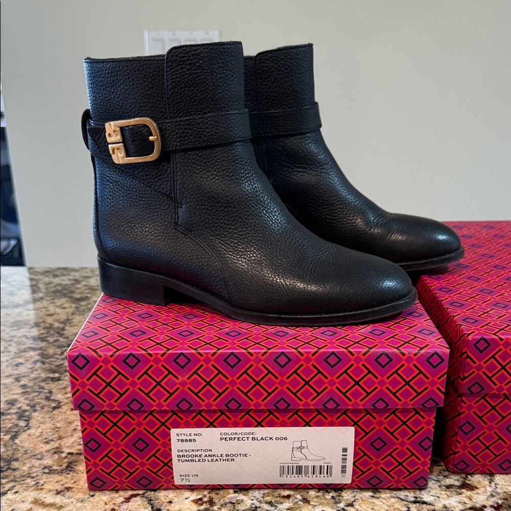 Black Leather Ankle Boots with Gold Buckle Tory Burch Brooke Bootie